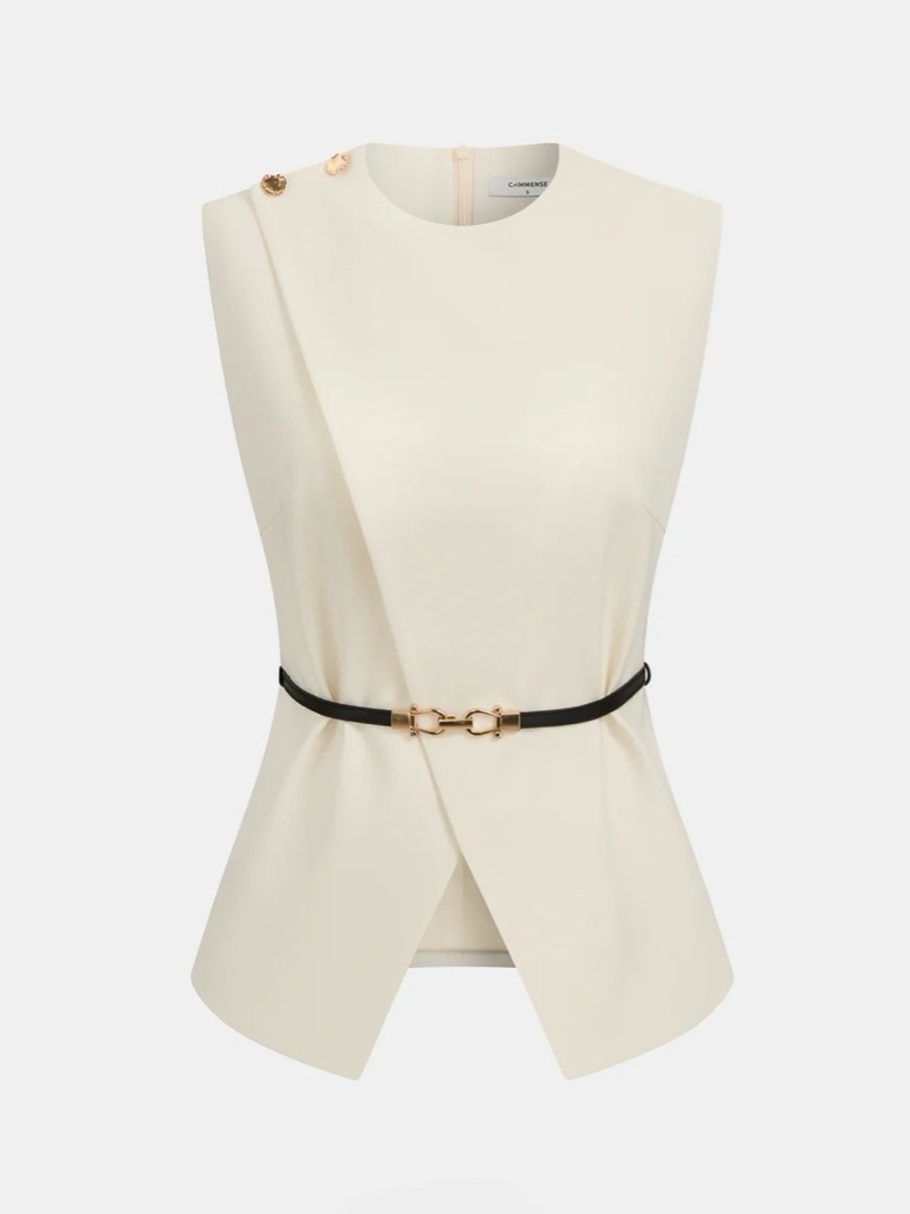 Commense Cream Sleeveless Belted Top & Pleated Wide-Leg Pants Set - Picture 2 of 12